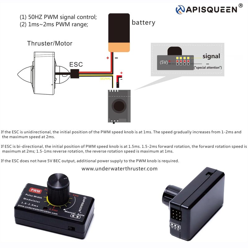 مقبض التحكم في السرعة Apisqueen PWM 1-2Ms لتعديل عرض النبضة للمحركات النفاثة تحت الماء/المحركات عديمة الفرش - Image 3